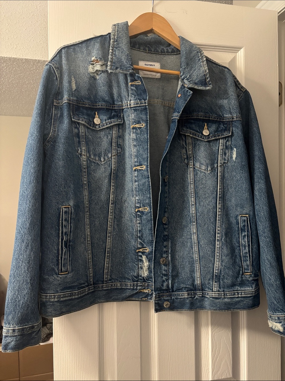 Old Navy Blue Distressed Denim Jacket boyfriend fit